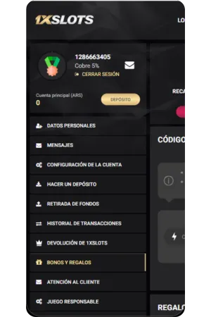 Sección de bonos 1xSlots Casino app Argentina - ofertas de bienvenida hasta ARS 450.000 y giros gratis