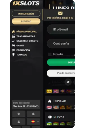 Pantalla principal 1xSlots app Argentina - interfaz de usuario con slots y juegos de casino disponibles